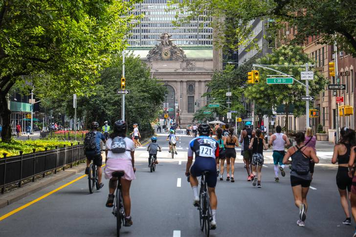 Photographs of people—bicyclists, runners, walkers, skateboarders—enjoying Summer Streets in Manhattan